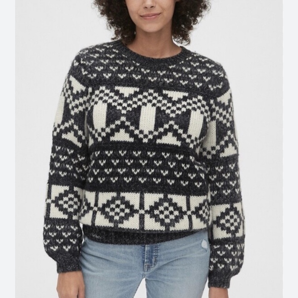GAP WOMENS CHUNKY FAIR ISLE SWEATER GRAY WHITE SMALL